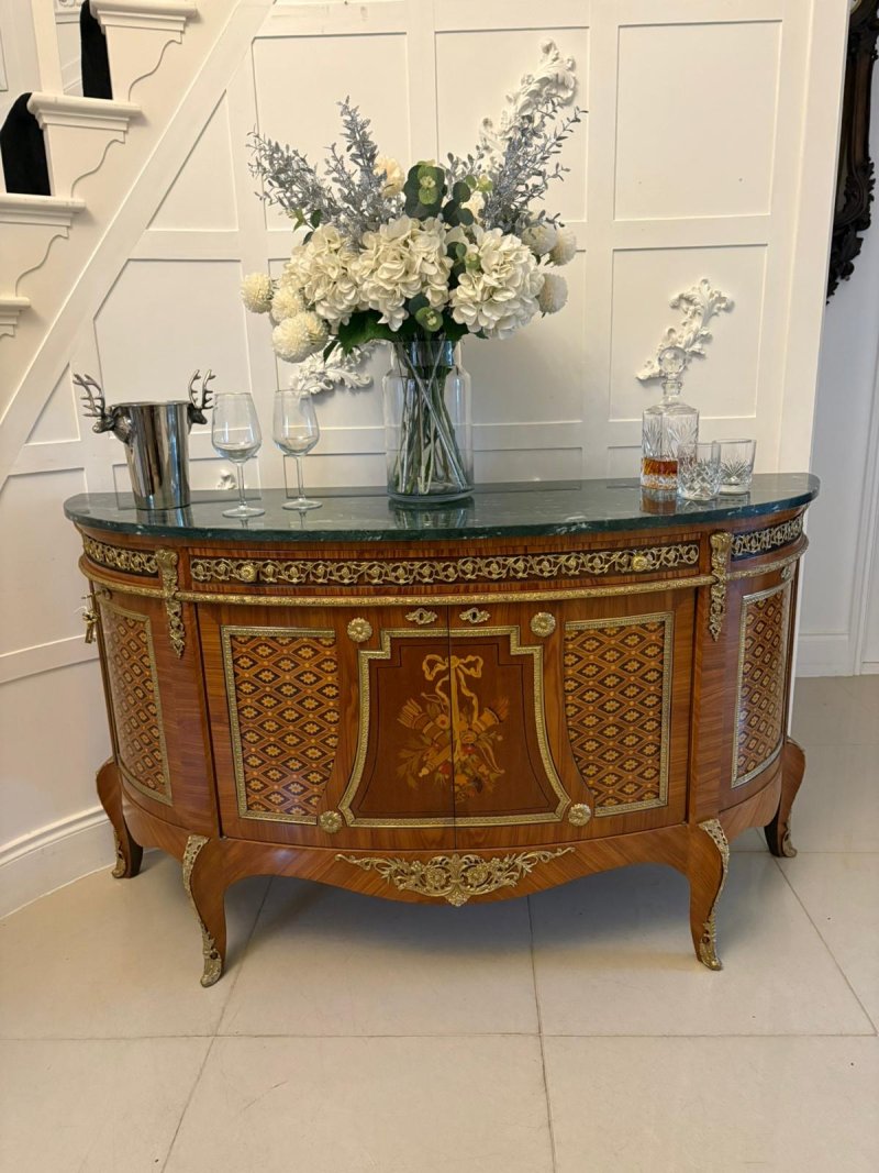 Fine Quality Antique French Kingwood Marquetry and Parquetry Inlaid Marble Top Sideboard